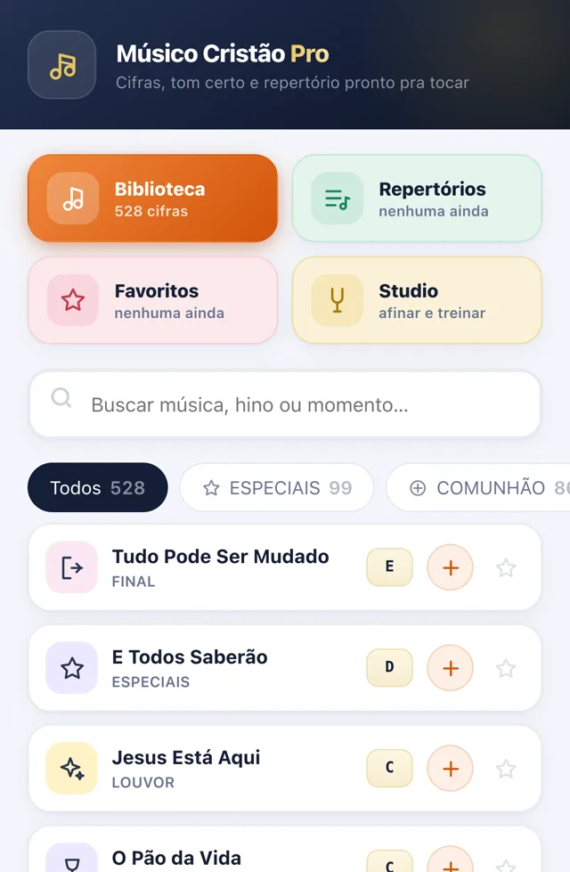 Biblioteca do app com filtros por momento: Especiais, Comunhão, Entrada, Ofertório, Louvor