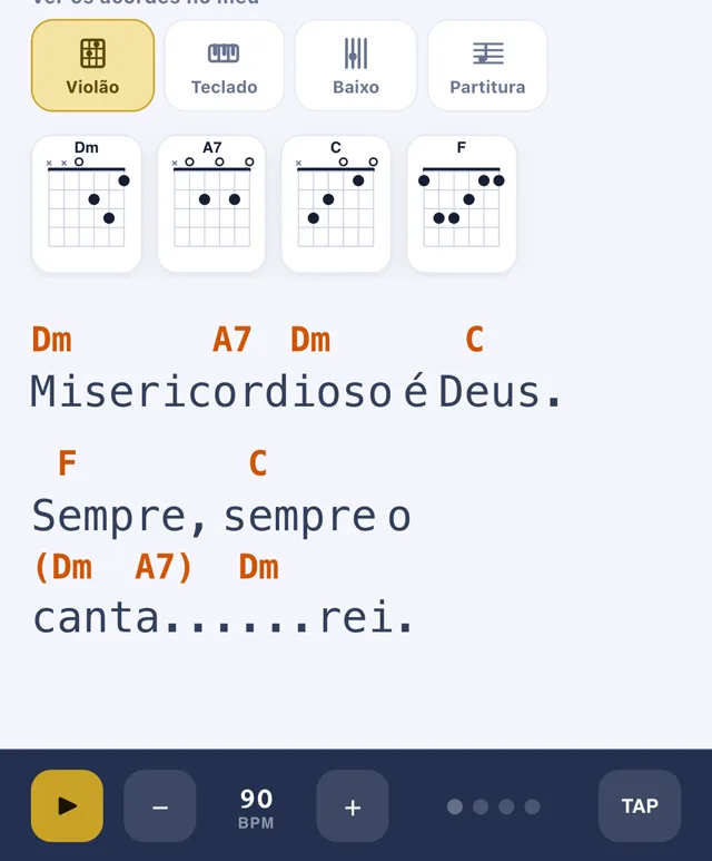 Metrônomo aberto dentro da cifra, marcando 90 BPM com botão de TAP