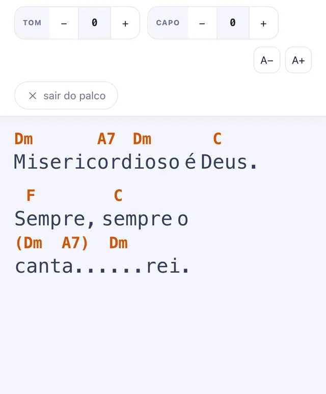 Modo palco: a tela mostra só a cifra em letra grande, sem menus