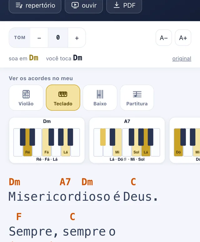 A mesma cifra mostrando os acordes no teclado, com as teclas acesas e as notas escritas em Dó Ré Mi